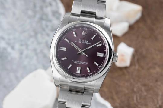  Rolex Oyster Perpetual 36 Red Grape Edelstahl Automatik Herrenuhr Ref 116000 B&P 