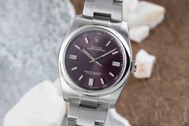  Rolex Oyster Perpetual 36 Red Grape Edelstahl Automatik Herrenuhr Ref 116000 B&P 