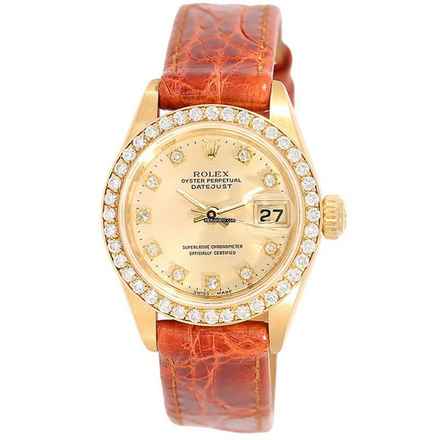  Rolex Lady-Datejust Damenuhr Lady Datejust 69138 mit Diamantzifferblatt und Brillantlünette Automatik aus 750 Gelbgold und Lederband 