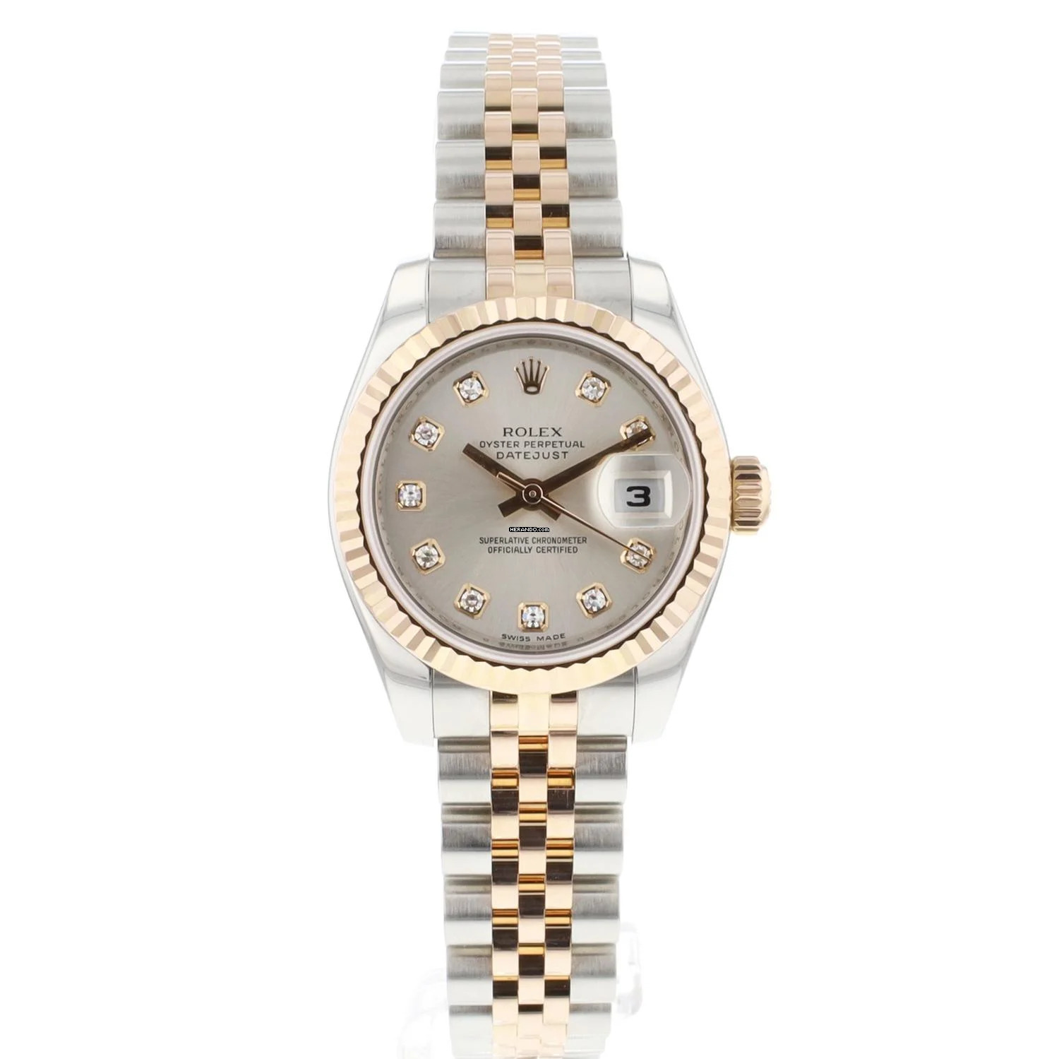  Rolex Lady-Datejust 26 Steel Everose Gold Jubilee Fluted Silver Diamond Dial 