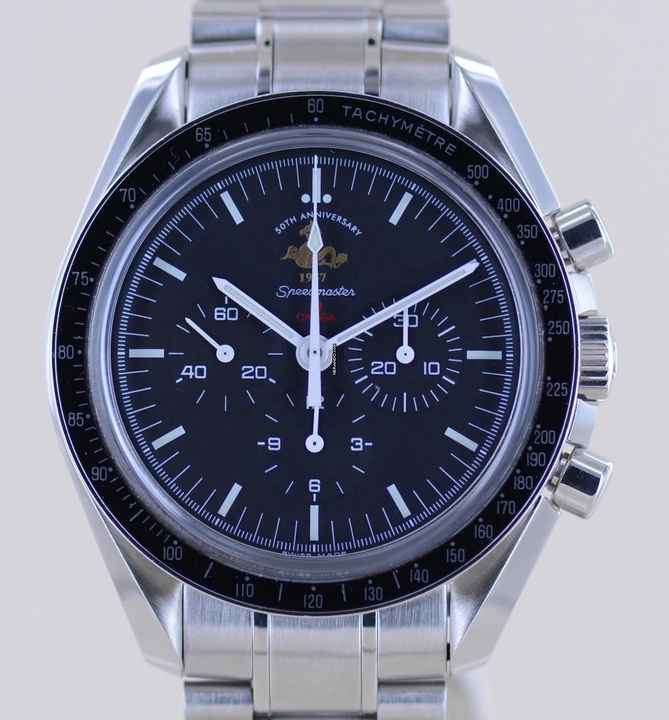  Omega Speedmaster Professional Moonwatch Chrono Moonwatch Glasboden 50th Anniversary B+P 