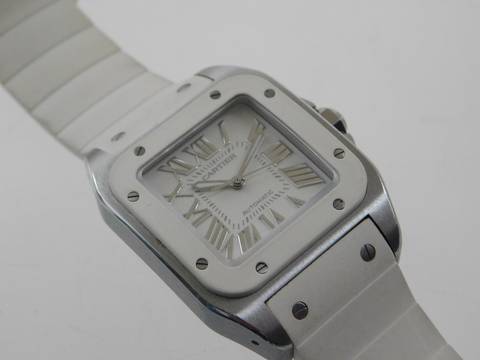  Cartier Santos 100 Herrenuhr mit original Kautschukband im TOP Zustand weiße Kautschuklünette und original Band 