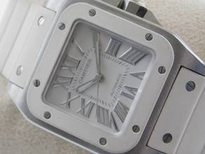 Thumbnail von Cartier Santos 100 Herrenuhr mit original Kautschukband im TOP Zustand weiße Kautschuklünette und original Band