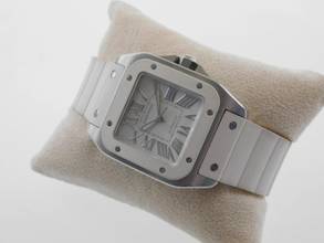 Thumbnail von Cartier Santos 100 Herrenuhr mit original Kautschukband im TOP Zustand weiße Kautschuklünette und original Band