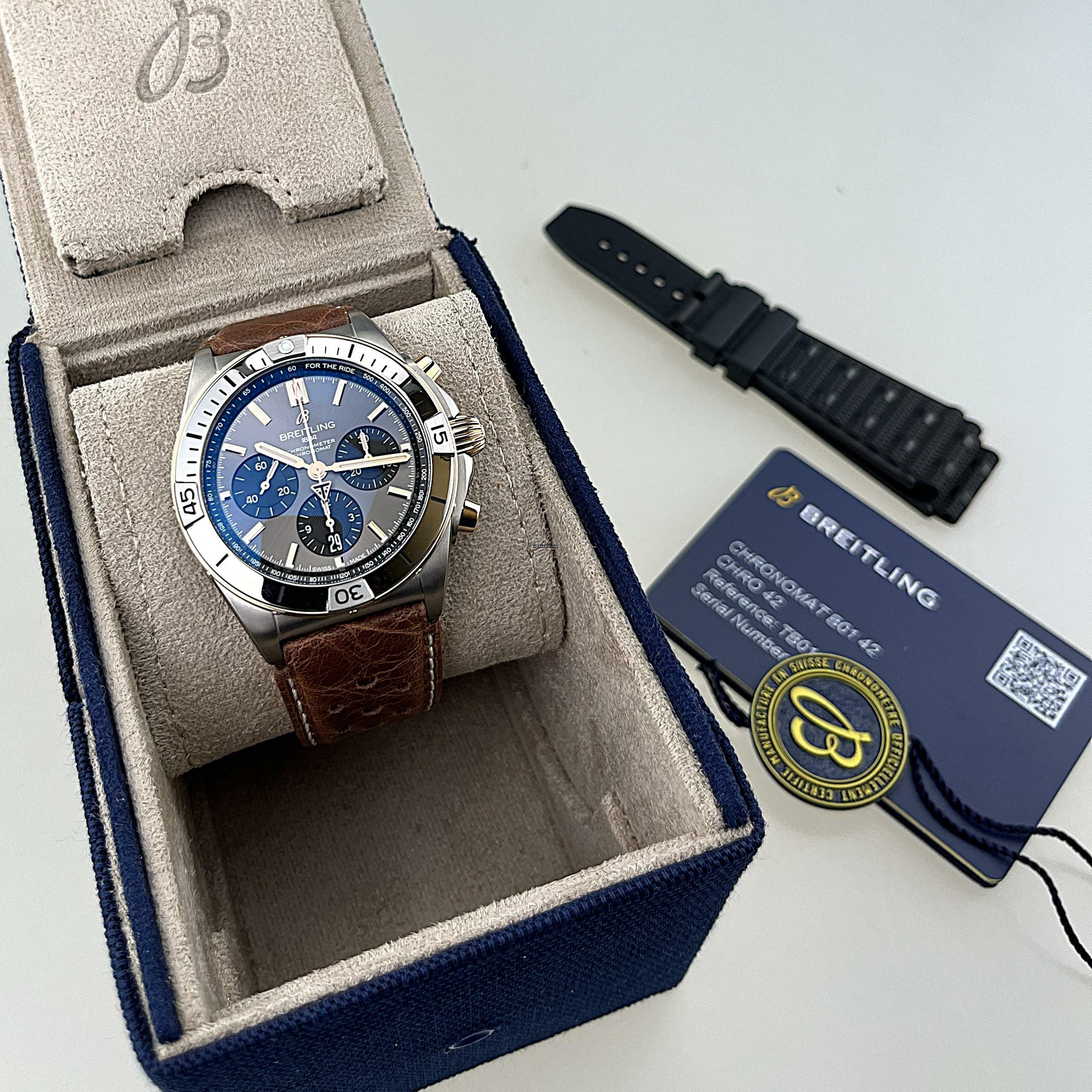 Breitling Chronomat 42 B01 42 Triumph Automatik Titan & 18 K Roségold Lederarmband braun deutsche Auslieferung Full Set