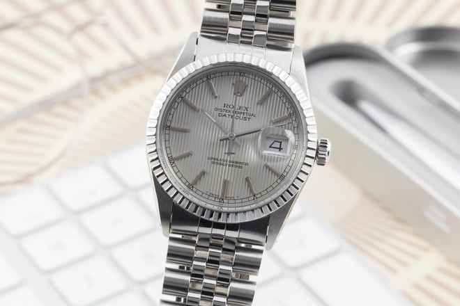  Rolex Datejust 36 Silver Tapestry Dial Edelstahl Automatik Herrenuhr Ref. 16030 
