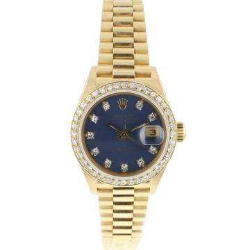  Rolex Lady-Datejust 26 Yellow Gold President Blue Diamond Dial 