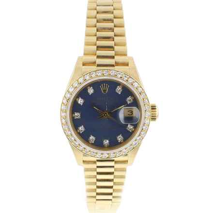  Rolex Lady-Datejust 26 Yellow Gold President Blue Diamond Dial 