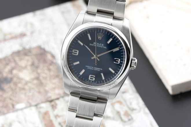  Rolex Oyster Perpetual 36 Blue Dial Edelstahl Automatik Herrenuhr Ref 116000 B&P 