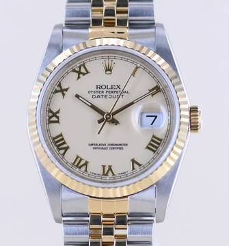  Rolex Datejust 36 Saphirglas Ivory roman dial Jubiléband Stahl Gold 16233 Klassiker 