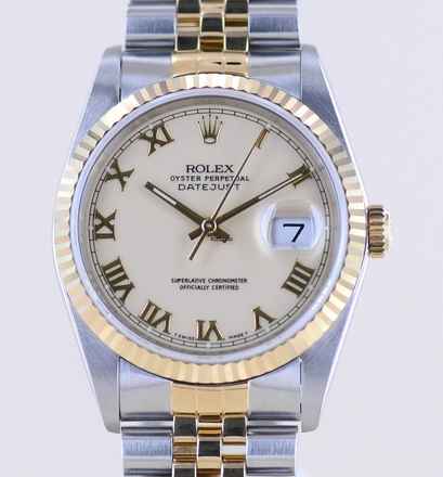  Rolex Datejust 36 Saphirglas Ivory roman dial Jubiléband Stahl Gold 16233 Klassiker 