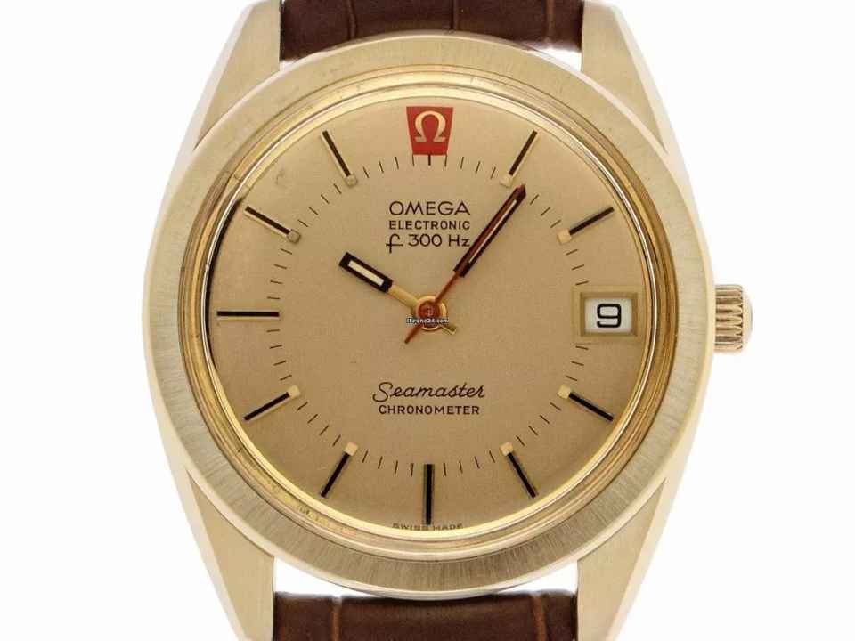  Omega Seamaster Electroquarz 300Hz Ref.198.0001 1972 original Box sehr gut Vintage Seamaster Electronicquarz f300Hz 14kt Gelbgold 62g 