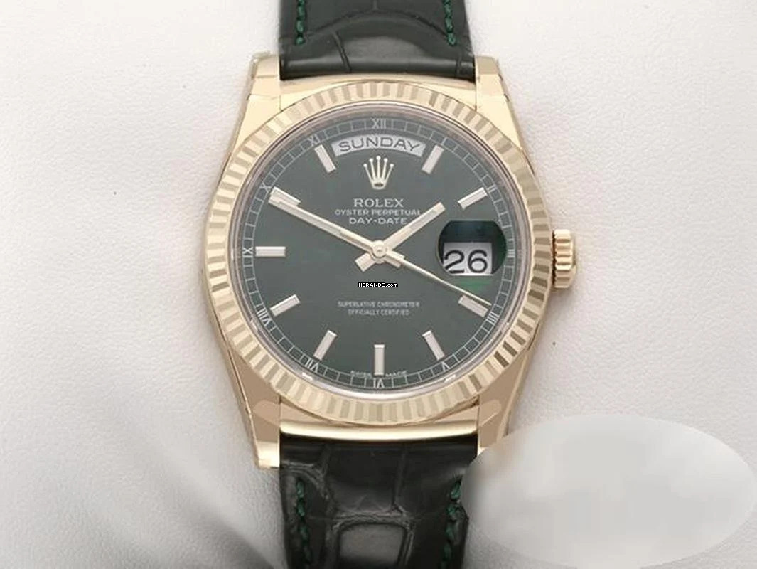  Rolex Day-Date 36 36mm 118138 2017 Grün Gelbgold 750 Leder Automatik 18kt Yellow Gold Chronometer Oyster Green Dial 