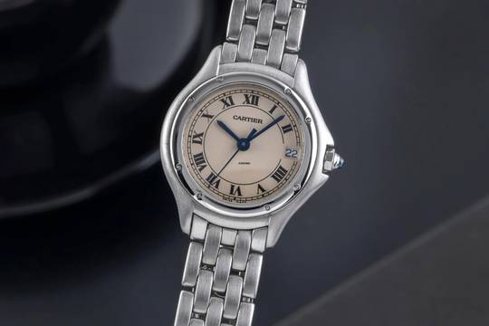  Cartier Cougar Stahl Quarz Roman Dial Damenuhr Ref. W35001F5 Klassiker 