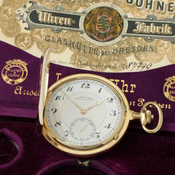  A. Lange & Söhne Full Set 18k Gold 1A Gangprüfung der Sternwarte Savonette Taschenuhr 1904 keinerlei Inskriptionen mit Museums-Zertifikat 