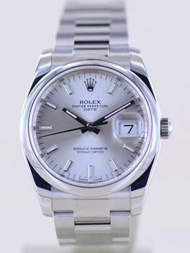  Rolex Oyster Perpetual Date 34mm silver Stick Dial Oysterband Steel 115200 Automatic Top 