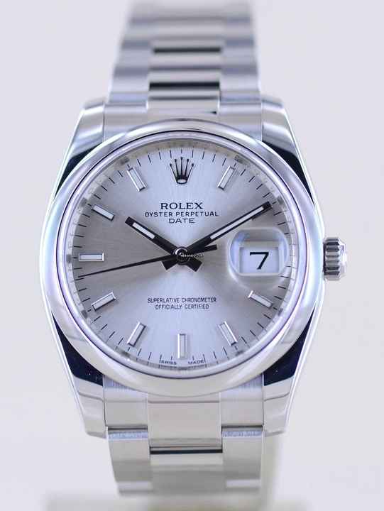  Rolex Oyster Perpetual Date 34mm silver Stick Dial Oysterband Steel 115200 Automatic Top 