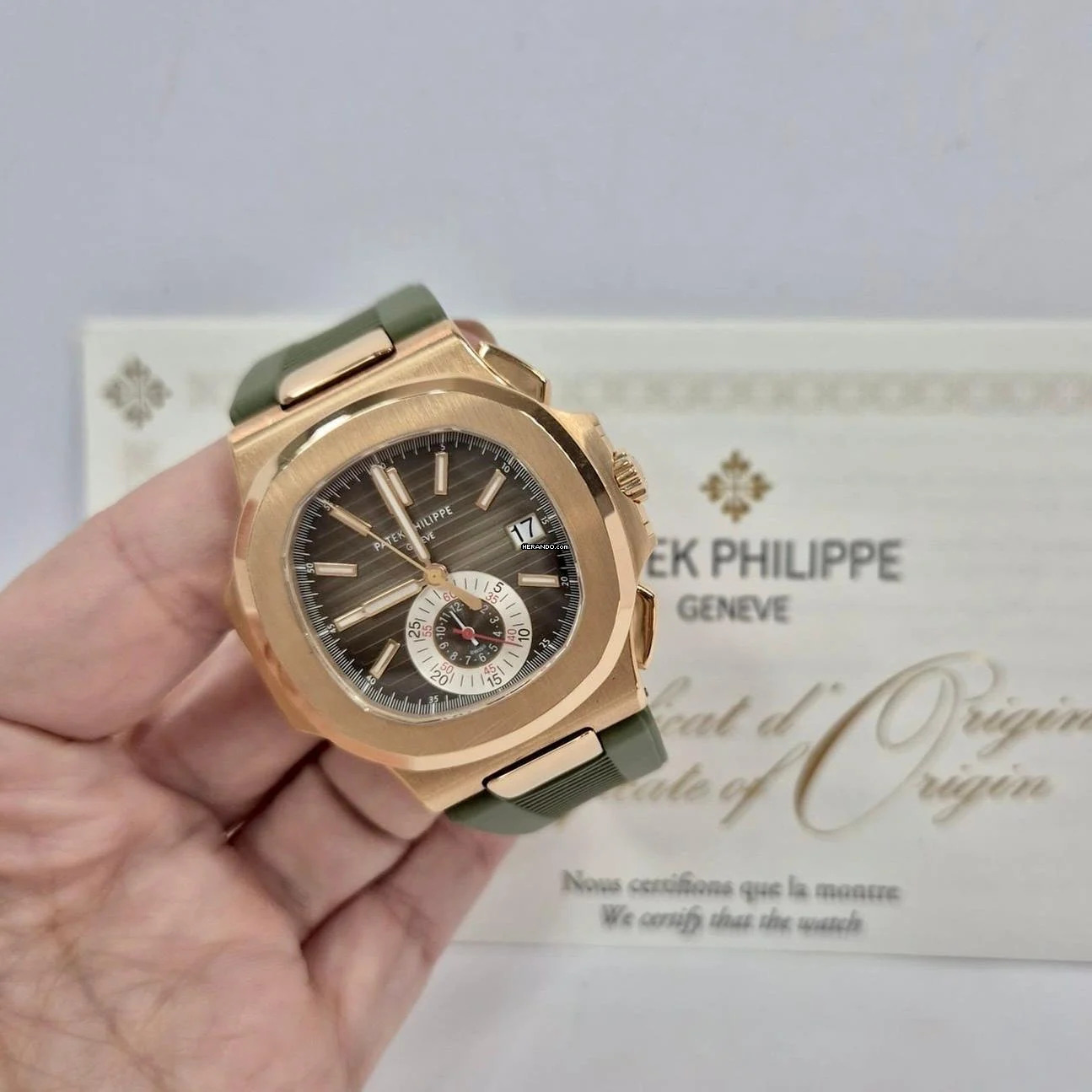  Patek Philippe Nautilus Flyback Chronograph Ouro Rosé 40.5mm Automático Completo 