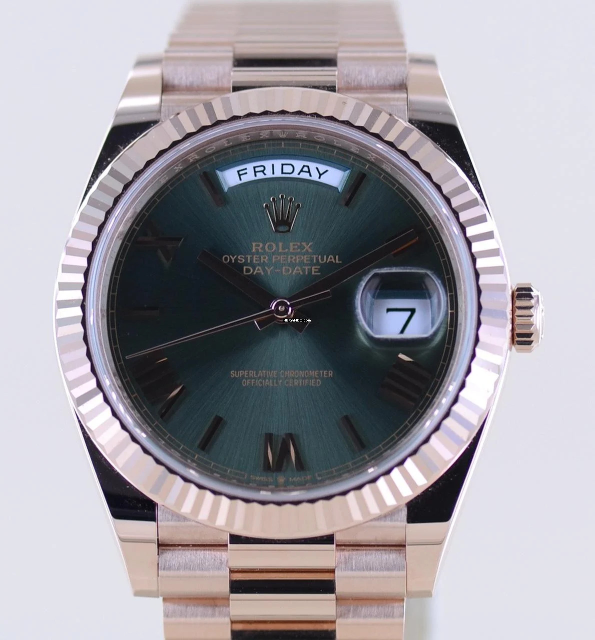  Rolex Day-Date 40 40mm 18K Roségold Olive green Dial Presidentband Klassiker Fluted B+P 