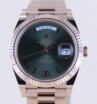  Rolex Day-Date 40 40mm 18K Roségold Olive green Dial Presidentband Klassiker Fluted B+P 