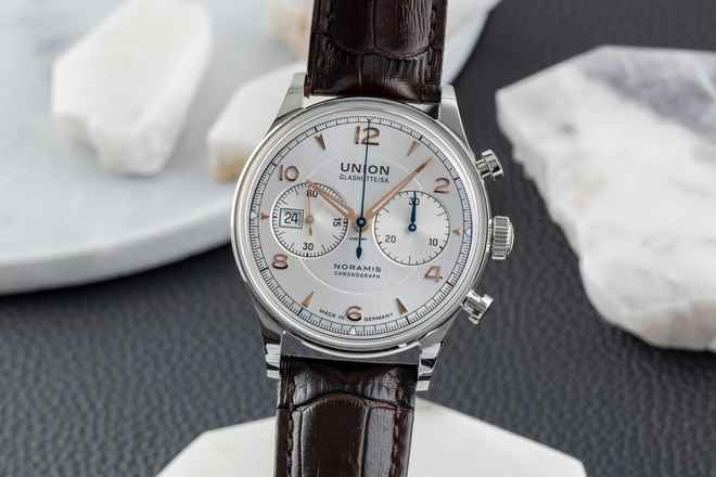  Union Glashütte Noramis Chronograph Stahl Automatik Ref. D012.427.16.037.01 B&P 