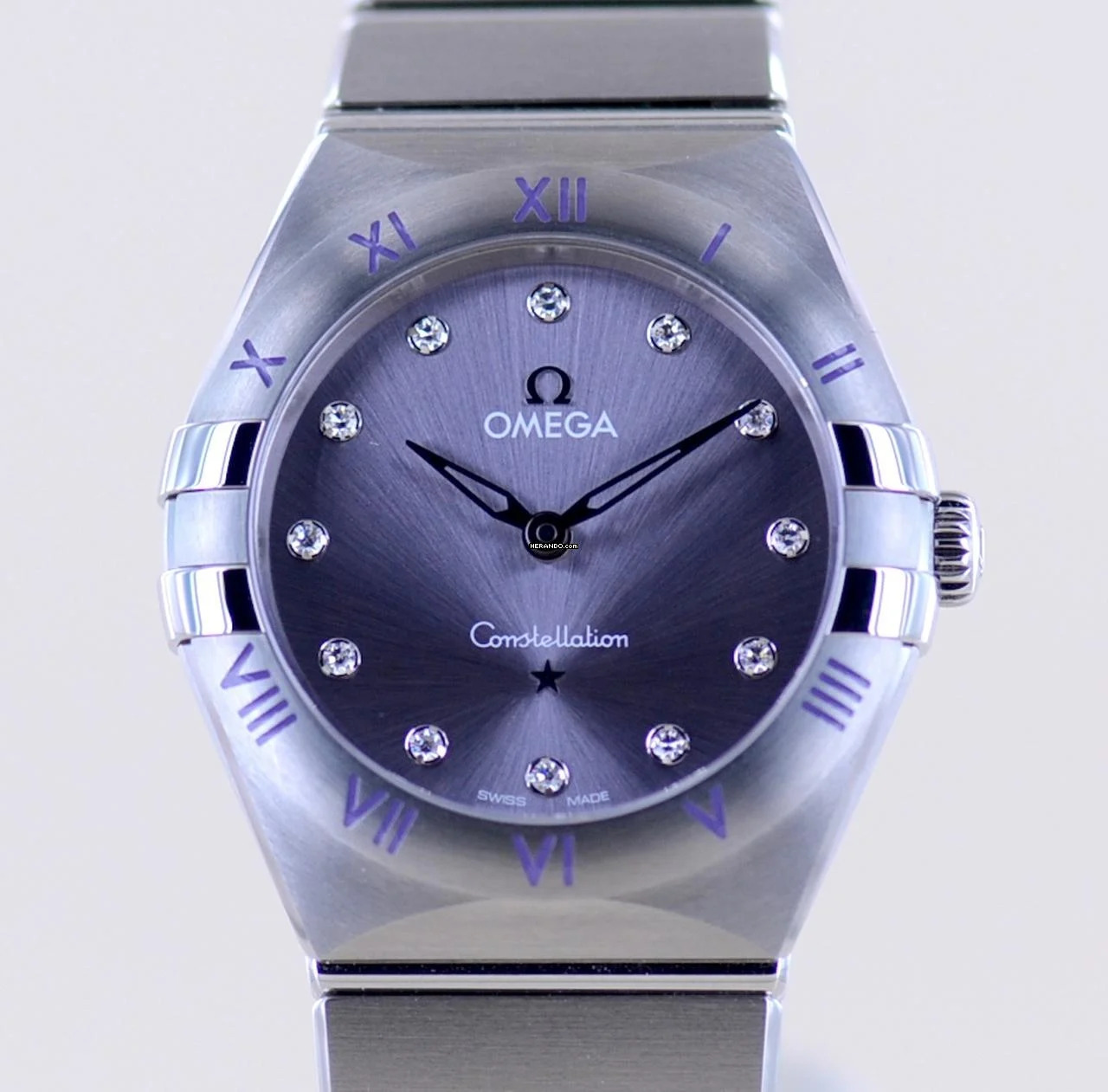 Omega Constellation Ladies Purple Diamond Dial Quarz Lady 28mm Brillanten New