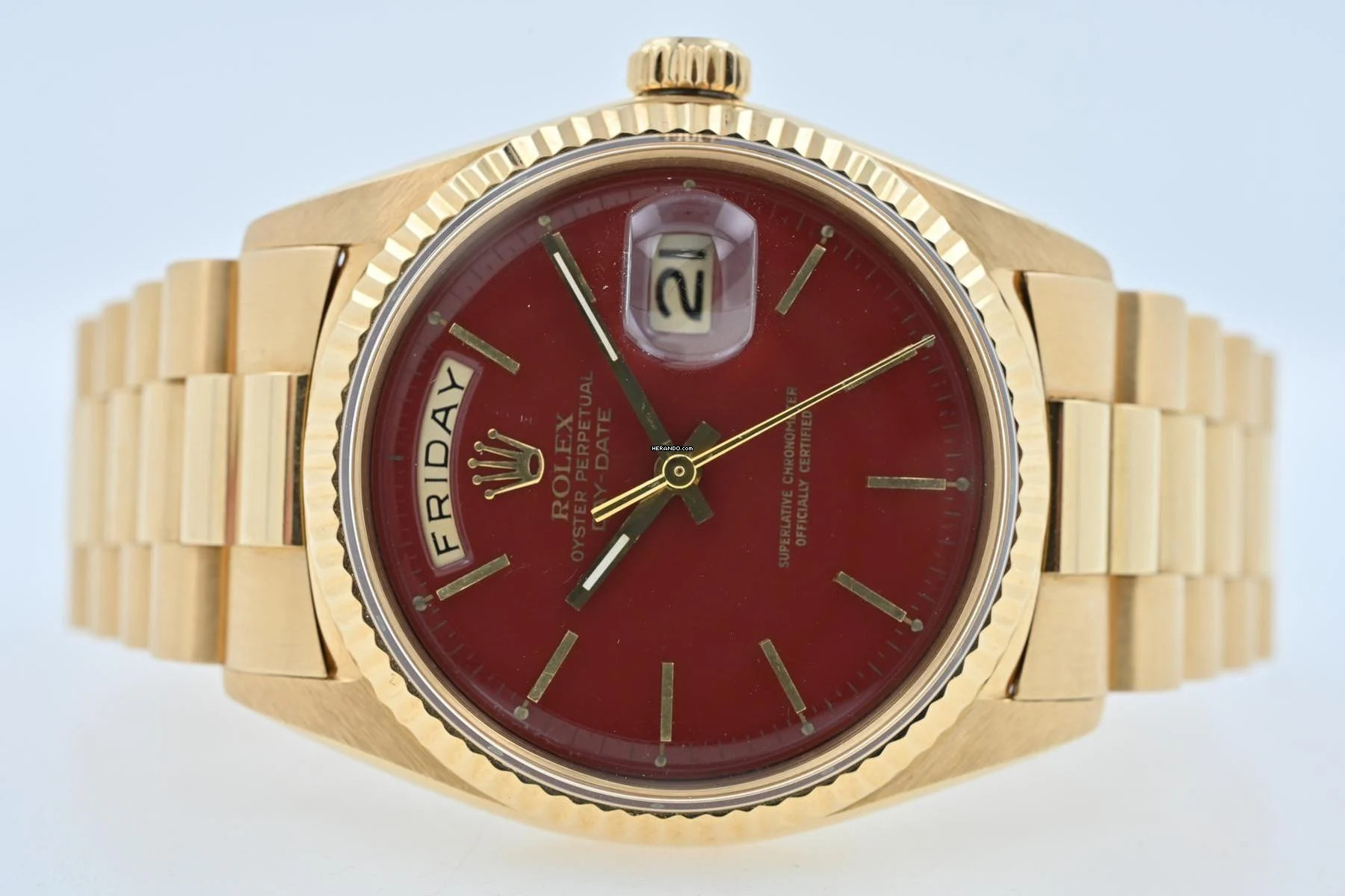 Rolex Day-Date 36 Oyster Perpetual Day Date 18k Gold Stella Oxblood Red Dial Full Set LC USA