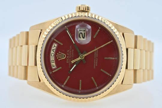  Rolex Day-Date 36 Oyster Perpetual Day Date 18k Gold Stella Oxblood Red Dial Full Set LC USA 