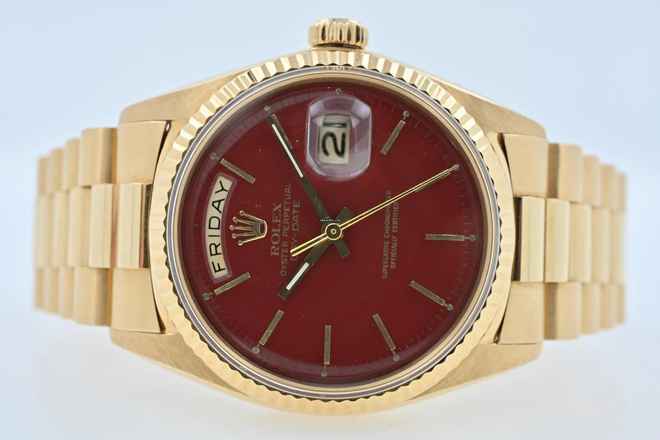  Rolex Day-Date 36 Oyster Perpetual Day Date 18k Gold Stella Oxblood Red Dial Full Set LC USA 