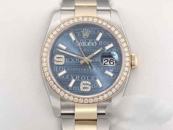  Rolex Datejust 36 36mm 116243 2010 Stahl Gelbgold 750 Wave Diamanten Automatik Stainless Steel 18kt Yellow Gold Oyster-band Chronometer Blue Dial 