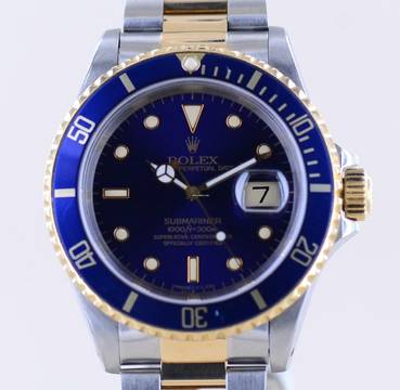  Rolex Submariner Date 16613 Klassiker 1992 Tritium Stahl Gold blue Dial B+P 