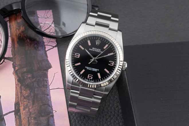  Rolex Oyster Perpetual 36 Black Dial Stahl Weissgold Herrenuhr Ref. 116034 B&P 