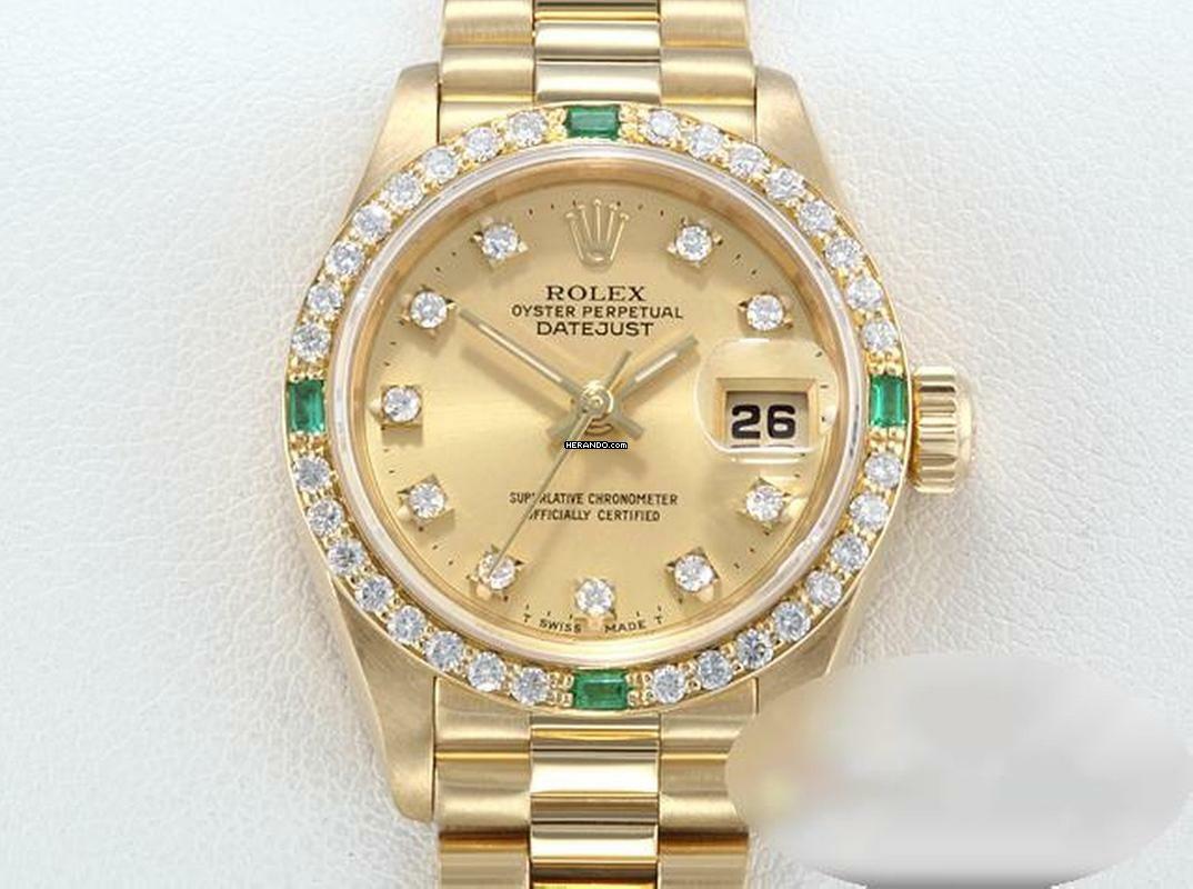 Rolex Lady-Datejust Gelbgold 750 Diamanten Smaragde 69078 Automatik 18kt Yellow Gold Damen President-band Chronometer Oyster