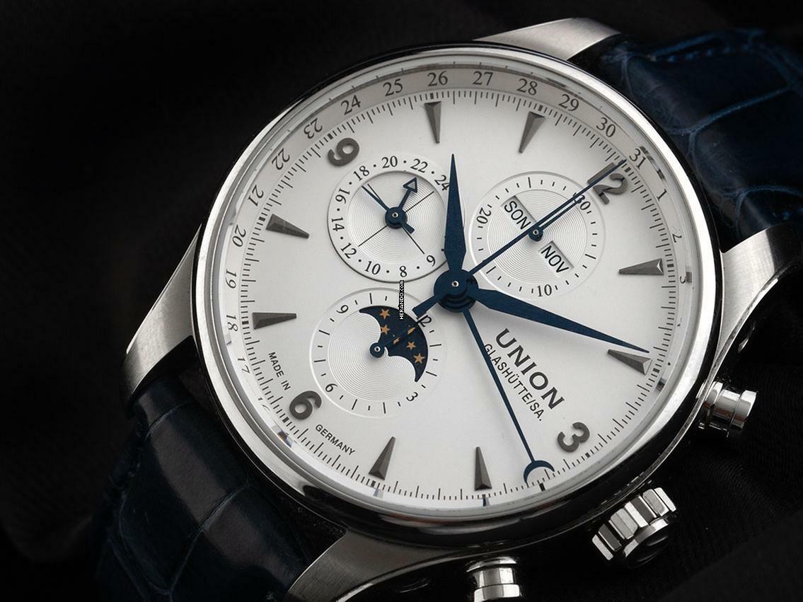  Union Glashütte Belisar Chronograph Ref.D009425A 2021 Full Set wie Neu Vintage Belisar Chronograph Vollkalender Mondphase Krokoleder Faltschließe 