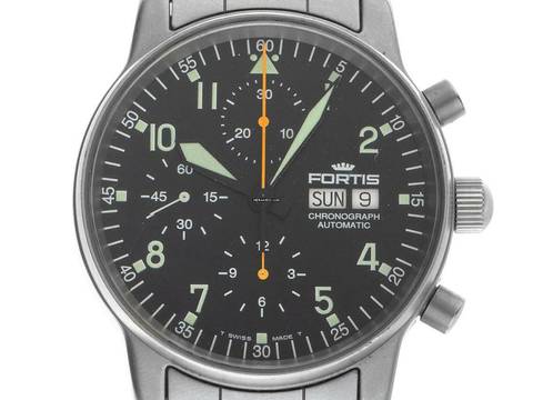  Fortis Flieger (Submodel) Day-Date Ref.597.10.141 1995 Box&Beschreibung sehr gut Vintage Flieger Day-Date Chronograph Glasboden 