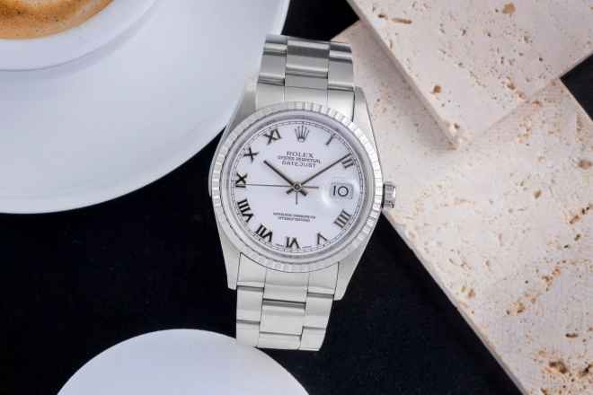  Rolex Datejust 36 White Dial Oyster Stahl Automatik Herrenuhr Ref.16220 F-Serie 