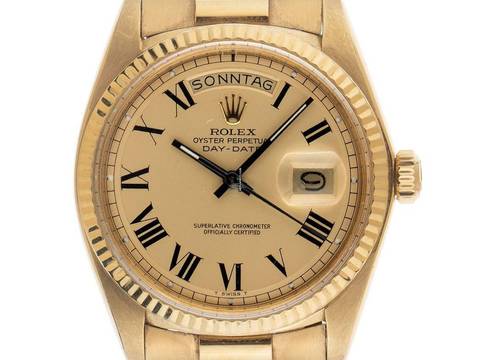  Rolex Day-Date 36 Ref.1803 1975 Box&Beschreibung sehr gut Vintage Day-Date Buckley Dial 18kt Gelbgold 130g open 6/9 