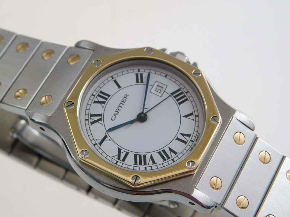  Cartier Santos Octagon weißes Blatt Automatik XL 30mm Stahl Gold im Top Zustand langes strammes Band perfektes Swiss Made Dial 30 mm 