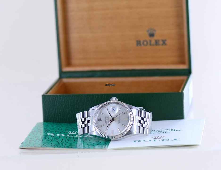  Rolex Datejust 36 16014 silver Stick dial Jubiléband Stahl Weißgold 1987 Tritium B+P 