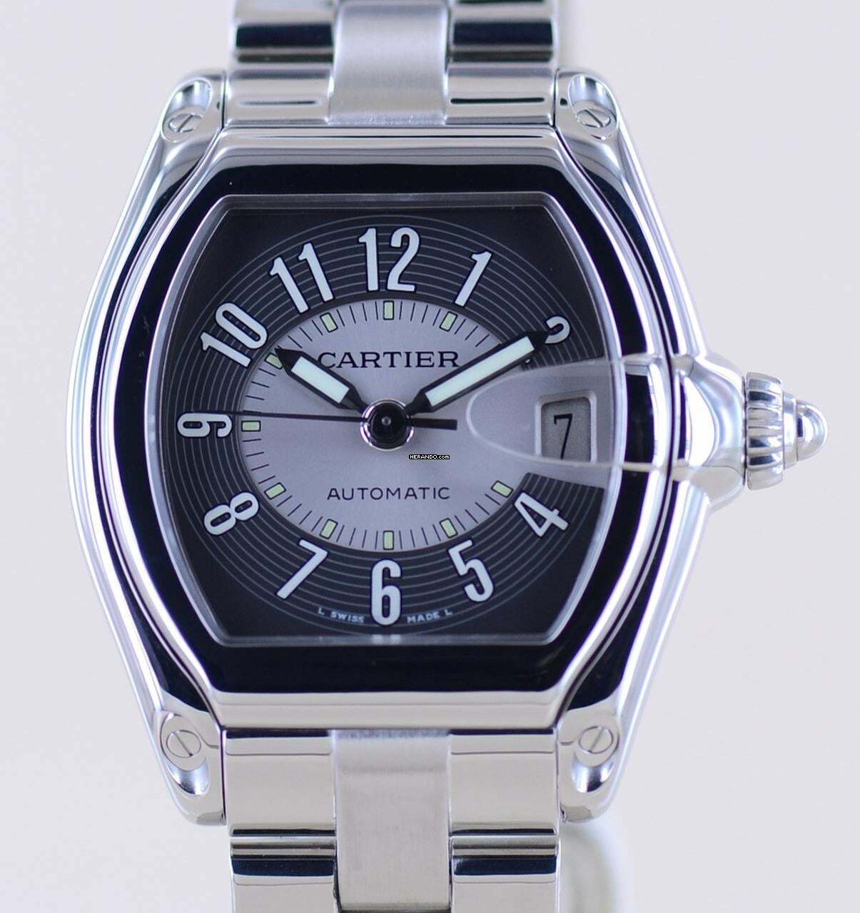  Cartier Roadster Date black silver dial Automatik Sportlich Top Stahlband B+P 