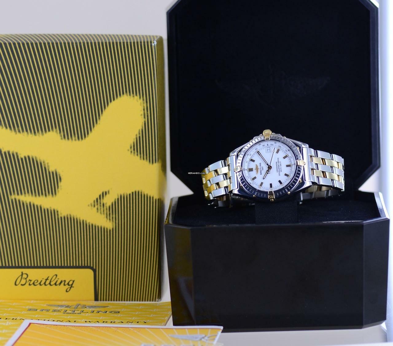  Breitling Windrider Stahl Gold Pilotband white Dial Automatic 38mm Klassiker B+P 