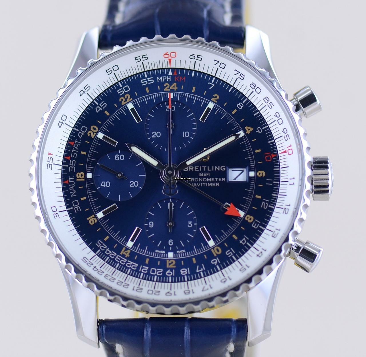  Breitling Navitimer World 46 mm Chronograph blau Klassiker blue dial B+P 