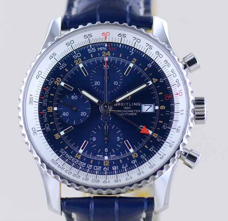  Breitling Navitimer World 46 mm Chronograph blau Klassiker blue dial B+P 