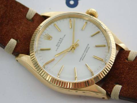  Rolex Oyster Perpetual 34 Herrenuhr / Mid Size massiv 18 Kt Gelbgold 34 mm v 1969 im Top Zustand 