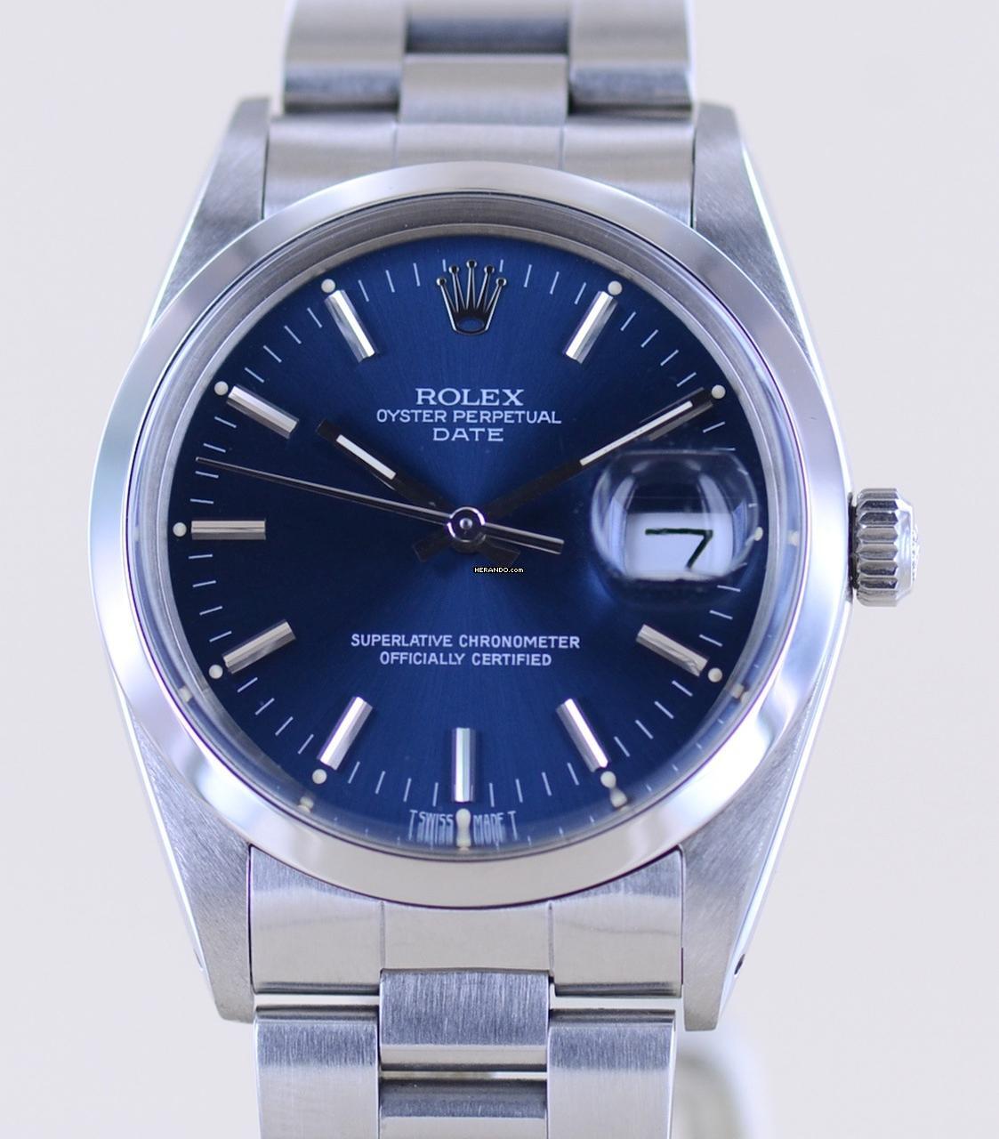  Rolex Oyster Perpetual Date 15000 Automatic Blue Stick dial Oysterband Stahl 1985 Vintage rar 