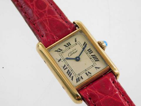  Cartier Tank Vermeil 925 AG 20 x 28 mm mit neuem Kroko - Lederband schöne Vintage Damenuhr Klassiker 