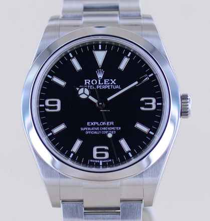 Rolex Explorer I 39mm 214270 zwarte wijzerplaat Oysterband staal Volledige set B+P