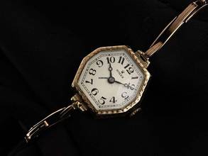 Thumbnail von Rolex Art Deco Stretch 1927 caja original en muy buen estado, vintage, Art Deco, tapa abatible, fondo, 9 quilates de oro rosa