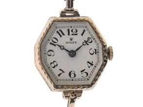 Thumbnail von Rolex Art Deco Stretch 1927 caja original en muy buen estado, vintage, Art Deco, tapa abatible, fondo, 9 quilates de oro rosa