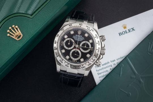 Rolex Daytona Chronograph 18k Weissgold Black Diamond Dial Ref. 116519 B&P 2004